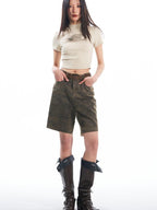 THELIGHT OFFICIAL Vintage Camouflage Frayed Hem Workwear Women's Cotton Blend Short Trousers