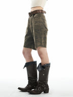 THELIGHT OFFICIAL Vintage Camouflage Frayed Hem Workwear Women's Cotton Blend Short Trousers