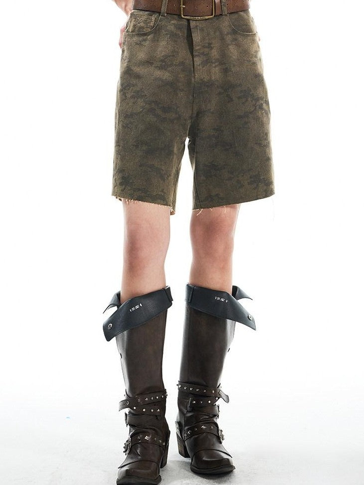 THELIGHT OFFICIAL Vintage Camouflage Frayed Hem Workwear Women's Cotton Blend Short Trousers
