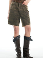 THELIGHT OFFICIAL Vintage Camouflage Frayed Hem Workwear Women's Cotton Blend Short Trousers