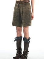 THELIGHT OFFICIAL Vintage Camouflage Frayed Hem Workwear Women's Cotton Blend Short Trousers