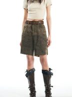 THELIGHT OFFICIAL Vintage Camouflage Frayed Hem Workwear Women's Cotton Blend Short Trousers