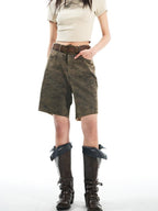 THELIGHT OFFICIAL Vintage Camouflage Frayed Hem Workwear Women's Cotton Blend Short Trousers