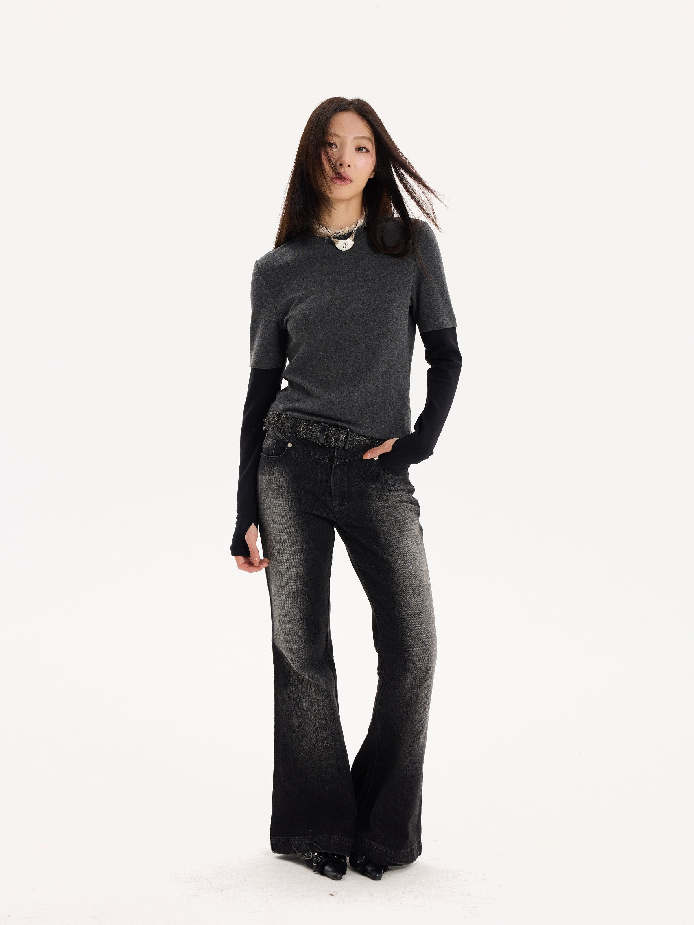 THELIGHT OFFICIAL Vintage Colorblock Faux Two Piece Women's Lyocell Cotton Long Sleeve T-shirts 861908191263
