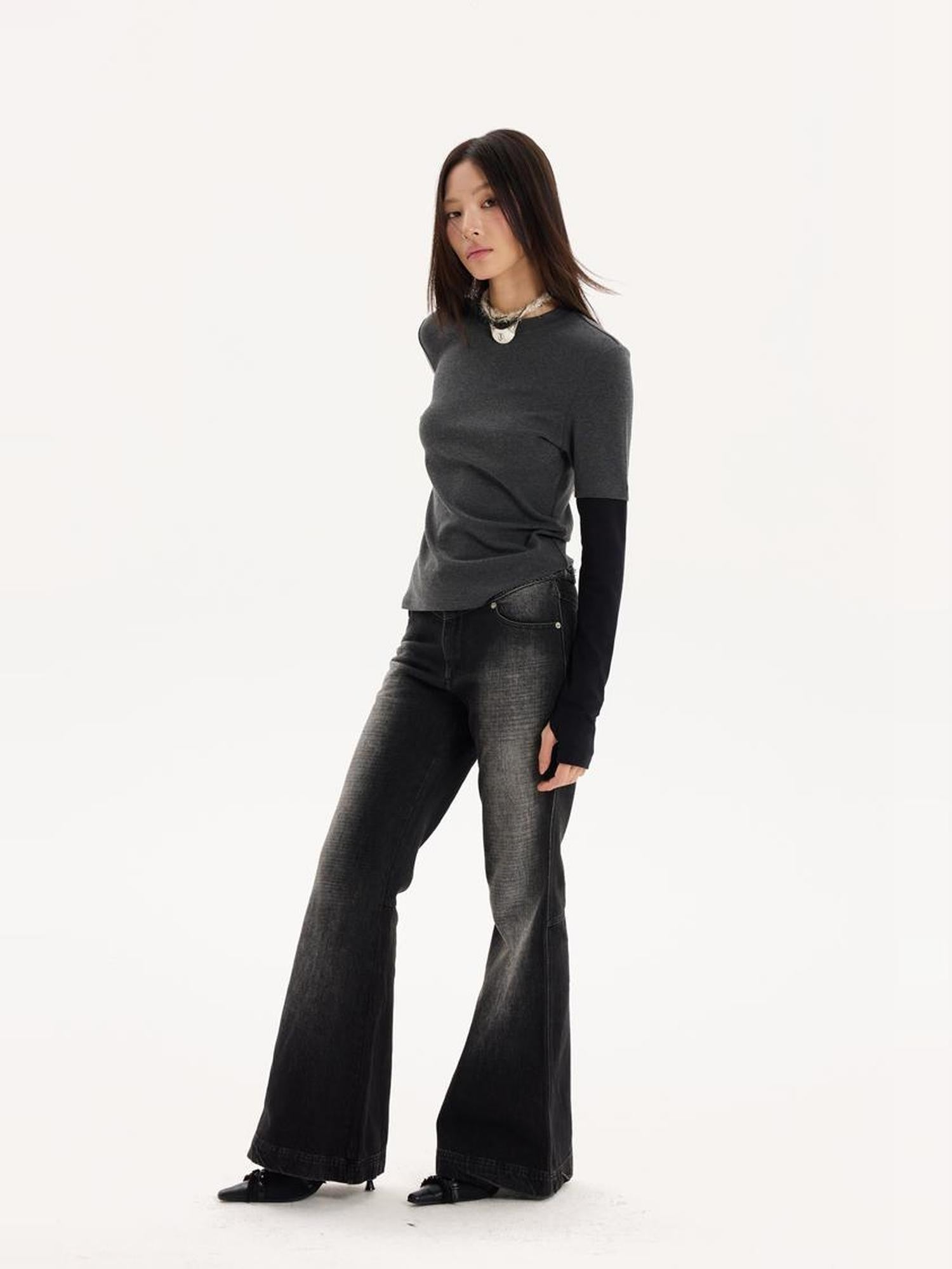 THELIGHT OFFICIAL Vintage Colorblock Faux Two Piece Women's Lyocell Cotton Long Sleeve T-shirts