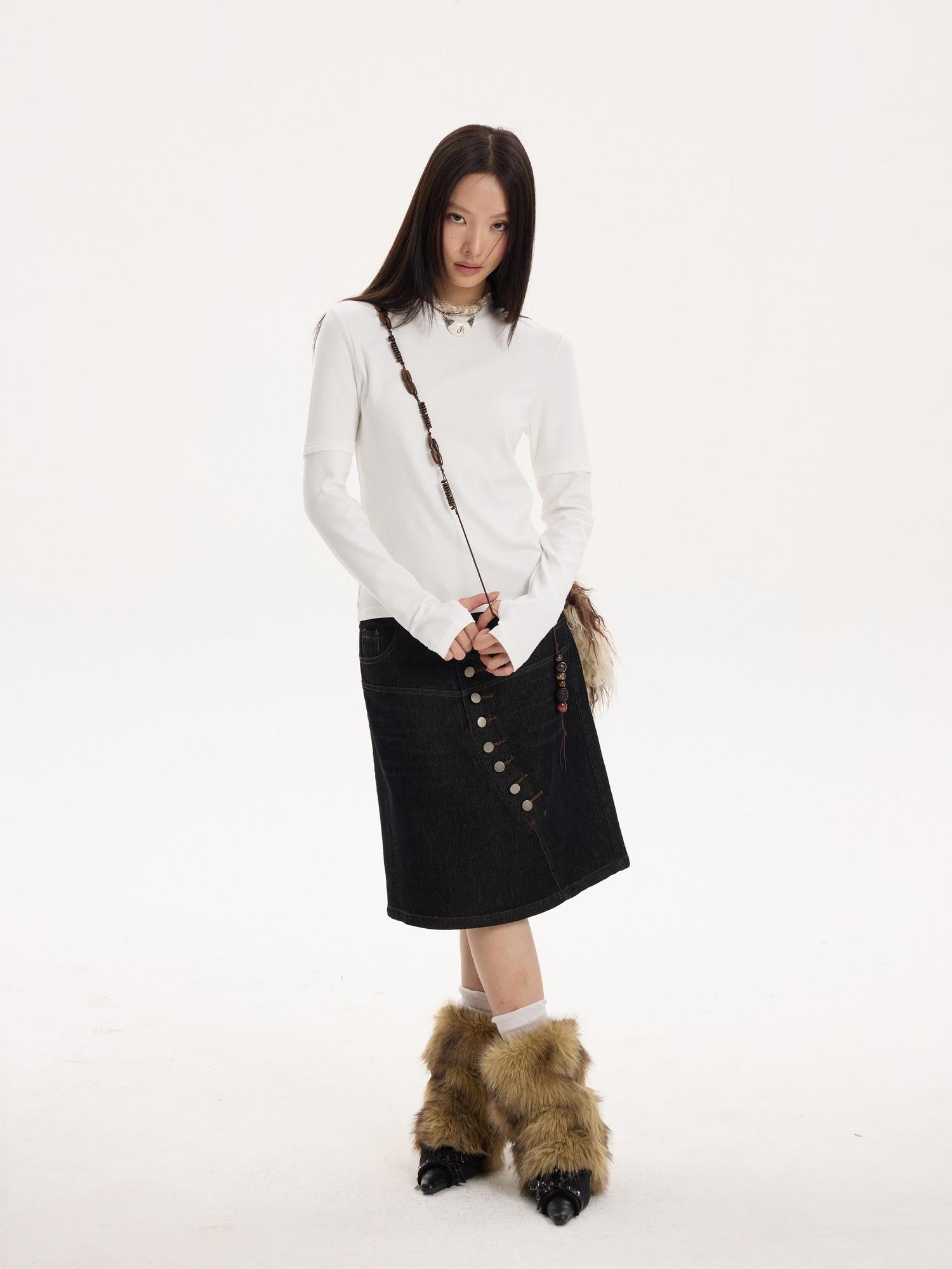 THELIGHT OFFICIAL Vintage Colorblock Faux Two Piece Women's Lyocell Cotton Long Sleeve T-shirts