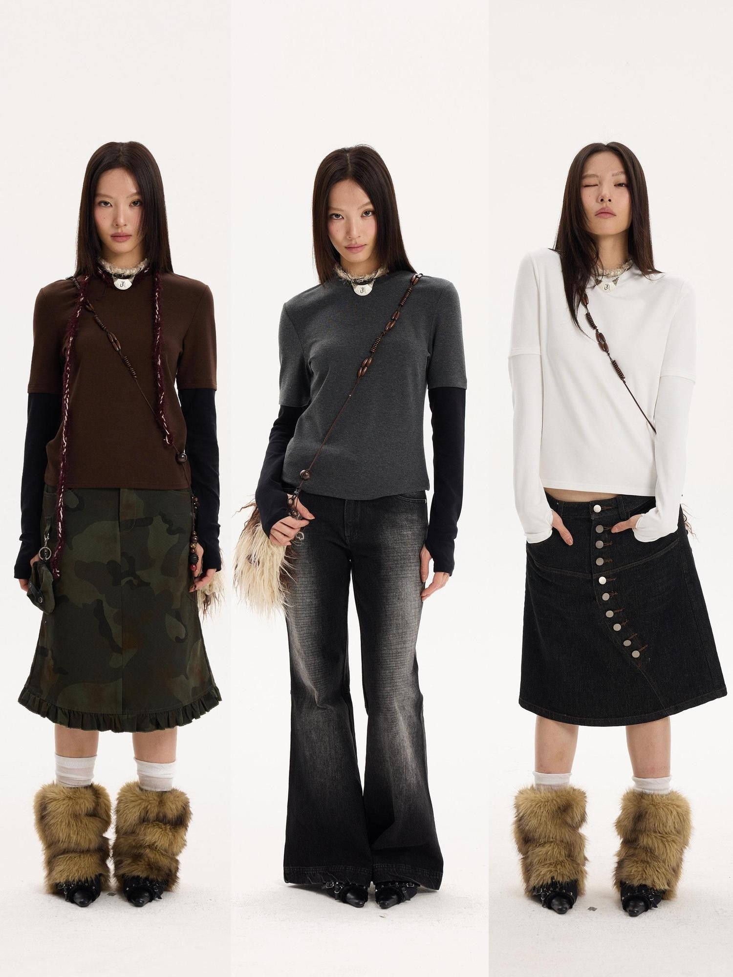 THELIGHT OFFICIAL Vintage Colorblock Faux Two Piece Women's Lyocell Cotton Long Sleeve T-shirts