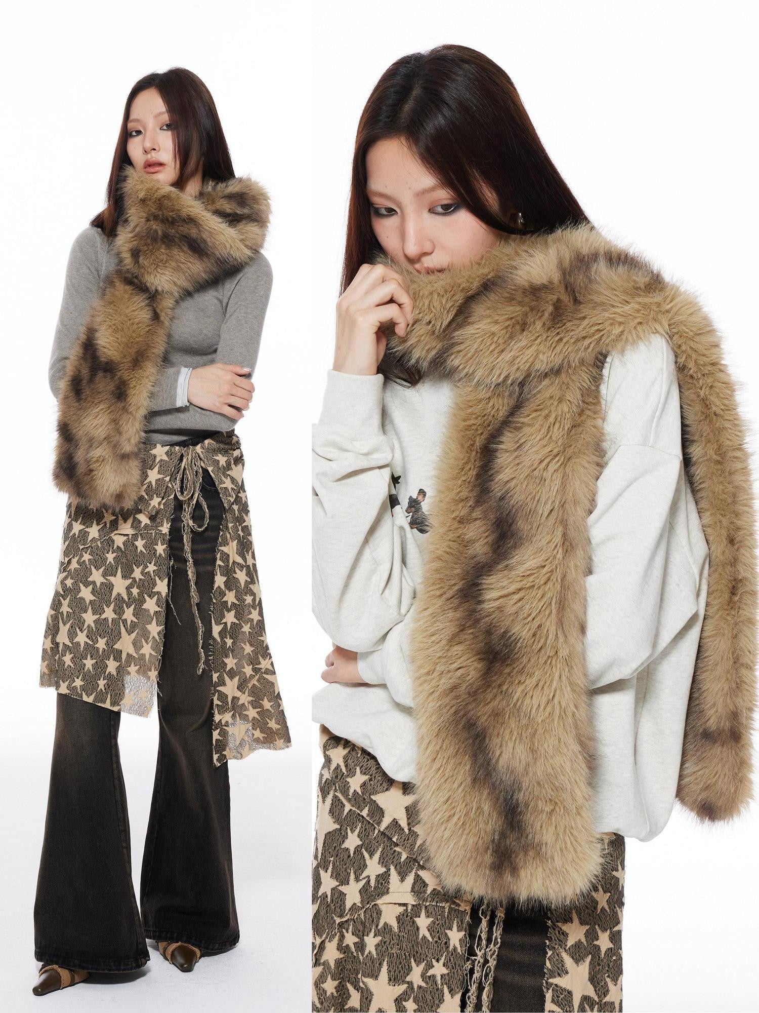 THELIGHT OFFICIAL Vintage Plush Animal Print Double Sided Women's Faux Fur Scarves & Shawls