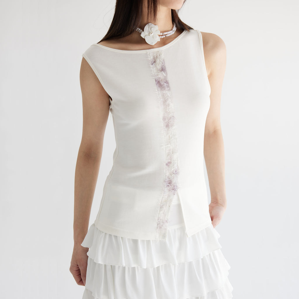 THELIGHT OFFICIAL White Asymmetric Shoulder Fur Patchwork Women's Lyocell Blend Tank Tops 886112559351