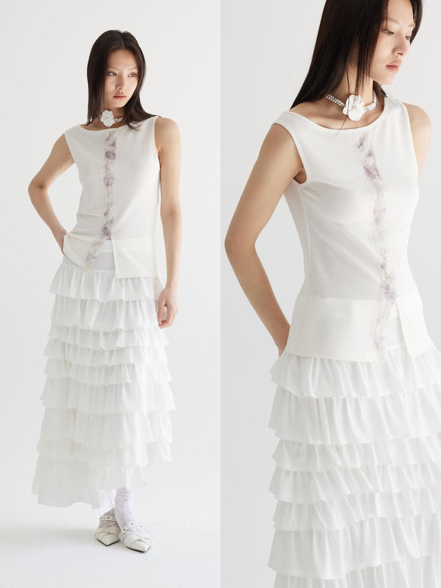 THELIGHT OFFICIAL White Asymmetric Shoulder Fur Patchwork Women's Lyocell Blend Tank Tops