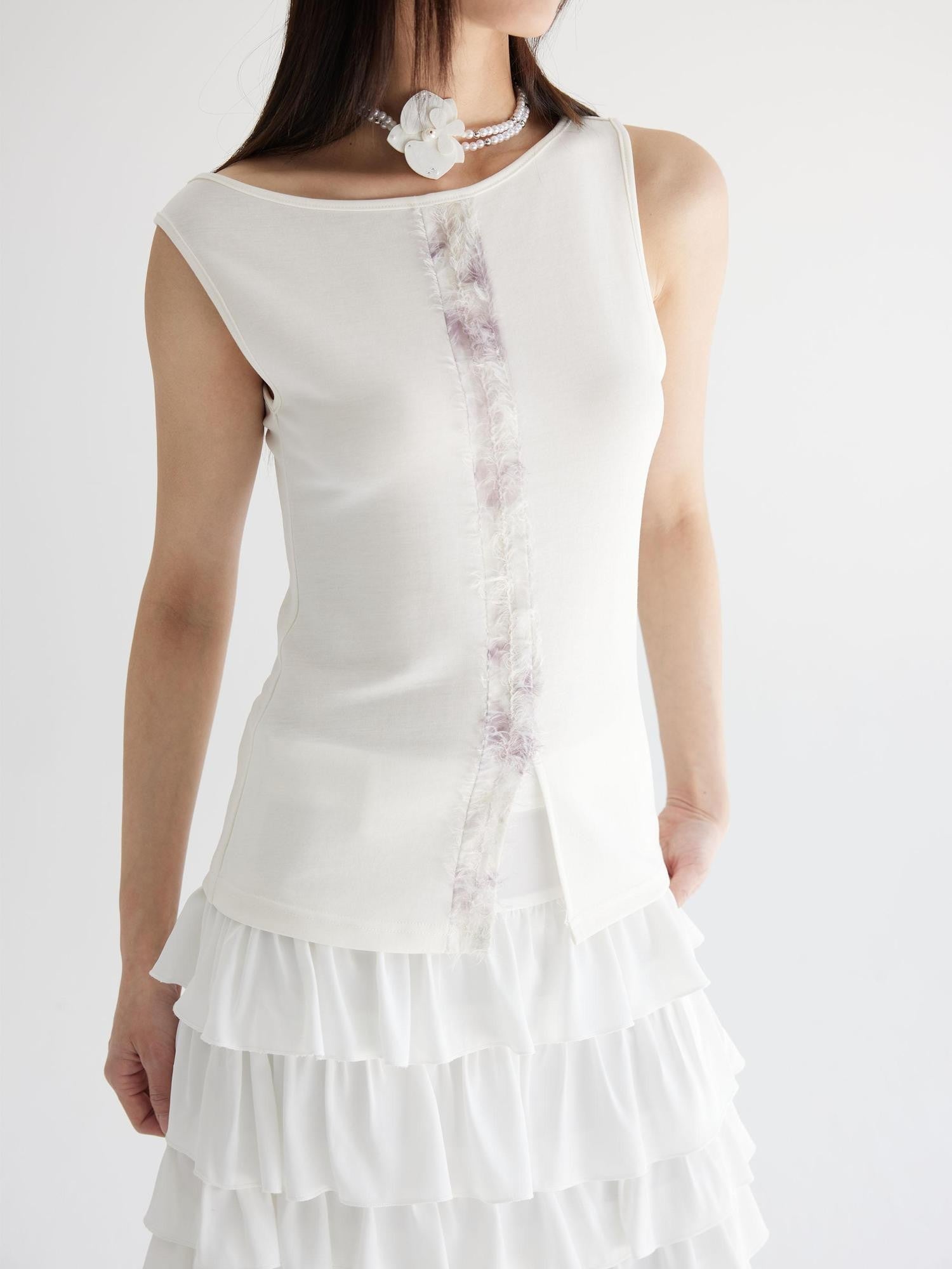THELIGHT OFFICIAL White Asymmetric Shoulder Fur Patchwork Women's Lyocell Blend Tank Tops