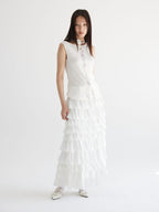THELIGHT OFFICIAL White Asymmetric Shoulder Fur Patchwork Women's Lyocell Blend Tank Tops