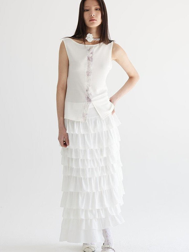 THELIGHT OFFICIAL White Asymmetric Shoulder Fur Patchwork Women's Lyocell Blend Tank Tops