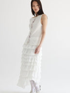 THELIGHT OFFICIAL White Asymmetric Shoulder Fur Patchwork Women's Lyocell Blend Tank Tops