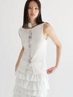 THELIGHT OFFICIAL White Asymmetric Shoulder Fur Patchwork Women's Lyocell Blend Tank Tops