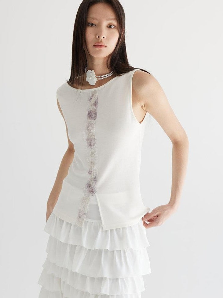 THELIGHT OFFICIAL White Asymmetric Shoulder Fur Patchwork Women's Lyocell Blend Tank Tops