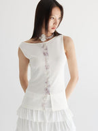 THELIGHT OFFICIAL White Asymmetric Shoulder Fur Patchwork Women's Lyocell Blend Tank Tops