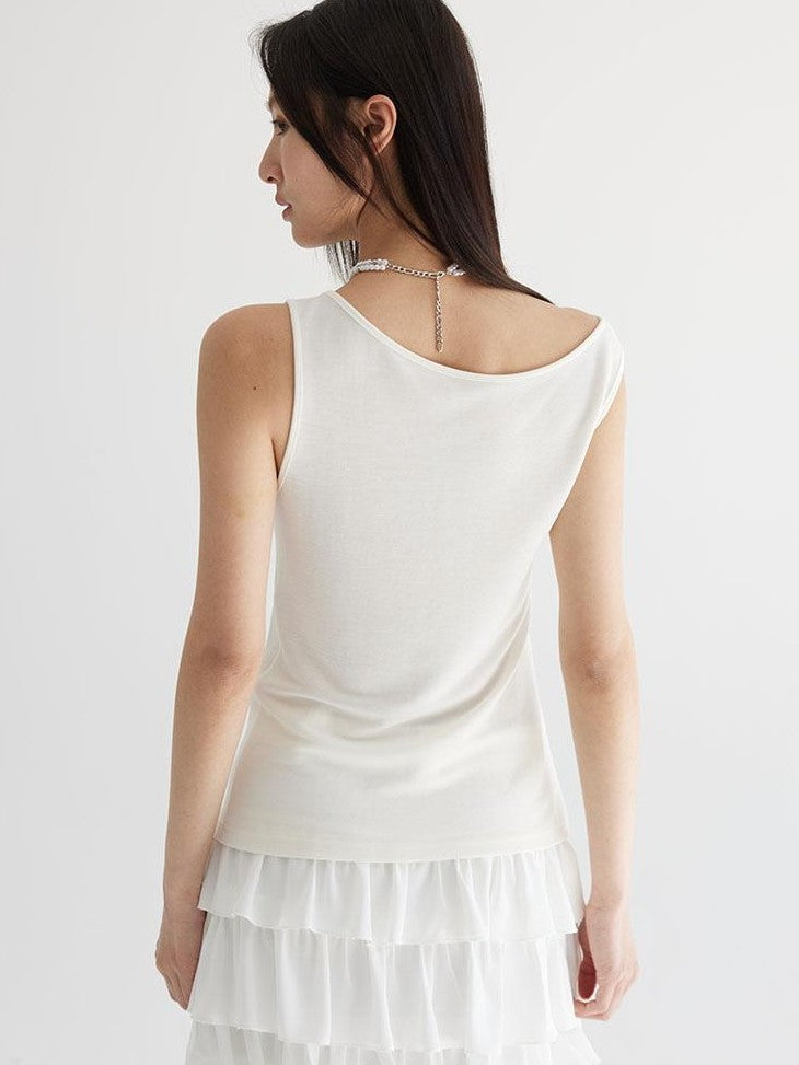 THELIGHT OFFICIAL White Asymmetric Shoulder Fur Patchwork Women's Lyocell Blend Tank Tops