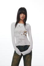 THELIGHT OFFICIAL White Button Print Stitched Round Neck Women's Cotton Long Sleeve T-shirts 746384710975