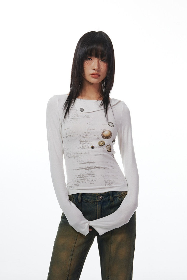 THELIGHT OFFICIAL White Button Print Stitched Round Neck Women's Cotton Long Sleeve T-shirts 746384710975