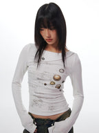 THELIGHT OFFICIAL White Button Print Stitched Round Neck Women's Cotton Long Sleeve T-shirts