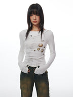 THELIGHT OFFICIAL White Button Print Stitched Round Neck Women's Cotton Long Sleeve T-shirts