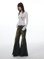 THELIGHT OFFICIAL White Button Print Stitched Round Neck Women's Cotton Long Sleeve T-shirts