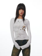 THELIGHT OFFICIAL White Button Print Stitched Round Neck Women's Cotton Long Sleeve T-shirts
