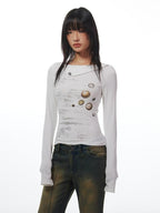 THELIGHT OFFICIAL White Button Print Stitched Round Neck Women's Cotton Long Sleeve T-shirts