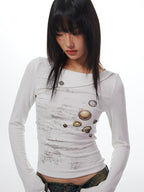 THELIGHT OFFICIAL White Button Print Stitched Round Neck Women's Cotton Long Sleeve T-shirts
