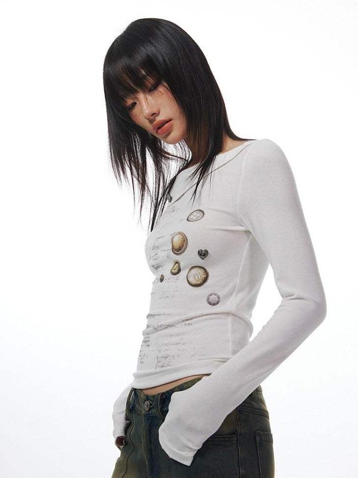THELIGHT OFFICIAL White Button Print Stitched Round Neck Women's Cotton Long Sleeve T-shirts