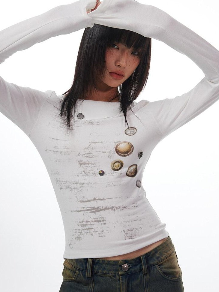 THELIGHT OFFICIAL White Button Print Stitched Round Neck Women's Cotton Long Sleeve T-shirts