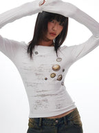 THELIGHT OFFICIAL White Button Print Stitched Round Neck Women's Cotton Long Sleeve T-shirts