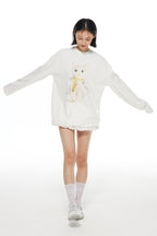 THELIGHT OFFICIAL White Crystal Cat Print Women's Cotton Blend Long Sleeve T-shirts 823860691161