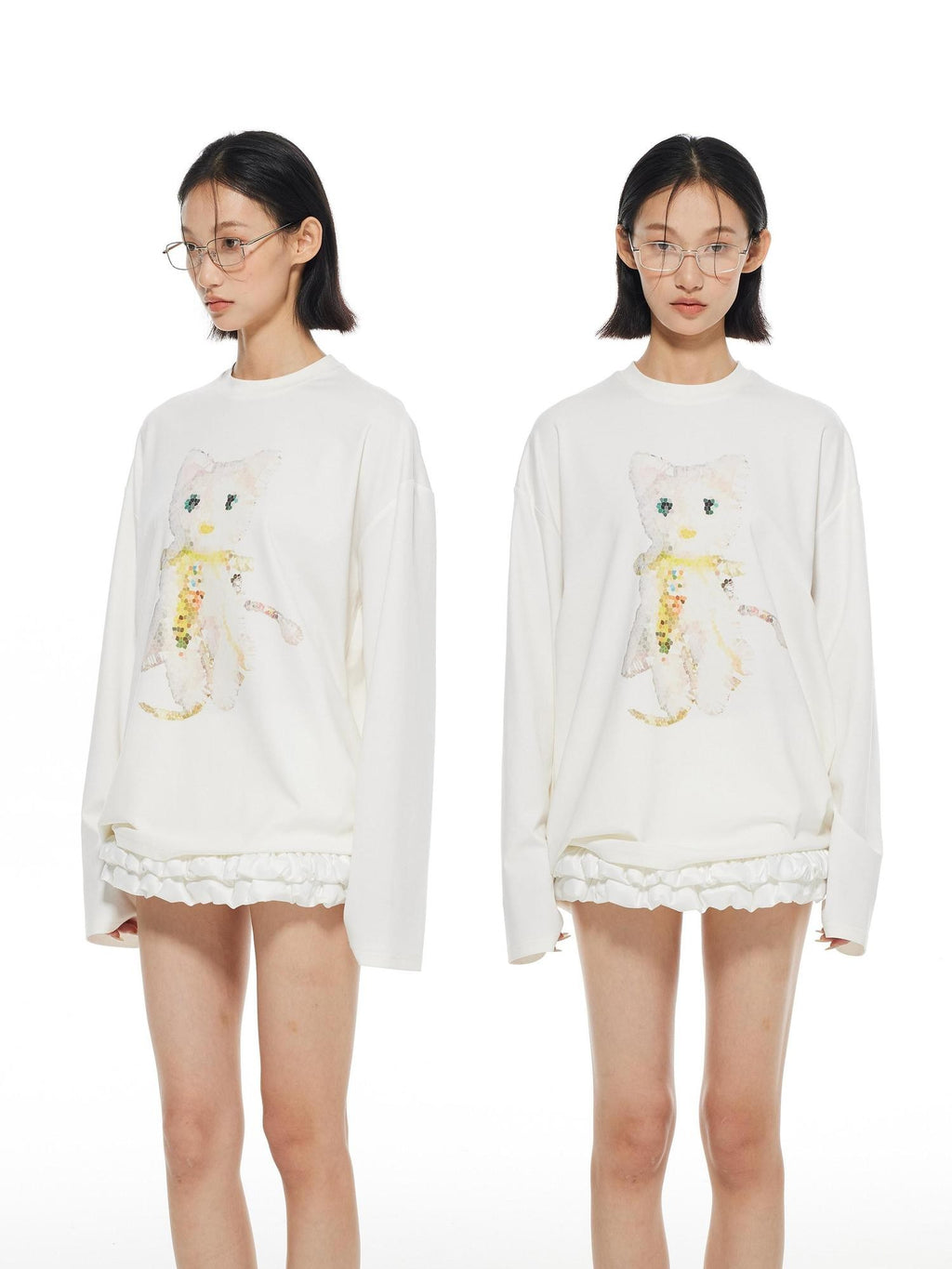 THELIGHT OFFICIAL White Crystal Cat Print Women's Cotton Blend Long Sleeve T-shirts