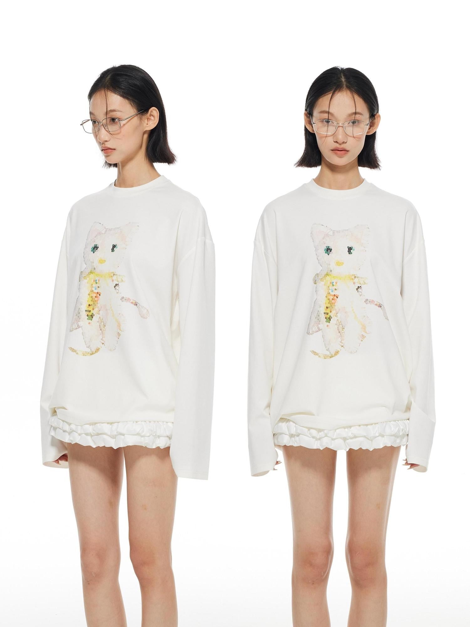 THELIGHT OFFICIAL White Crystal Cat Print Women's Cotton Blend Long Sleeve T-shirts