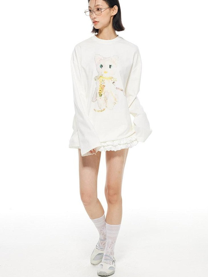 THELIGHT OFFICIAL White Crystal Cat Print Women's Cotton Blend Long Sleeve T-shirts