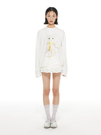 THELIGHT OFFICIAL White Crystal Cat Print Women's Cotton Blend Long Sleeve T-shirts