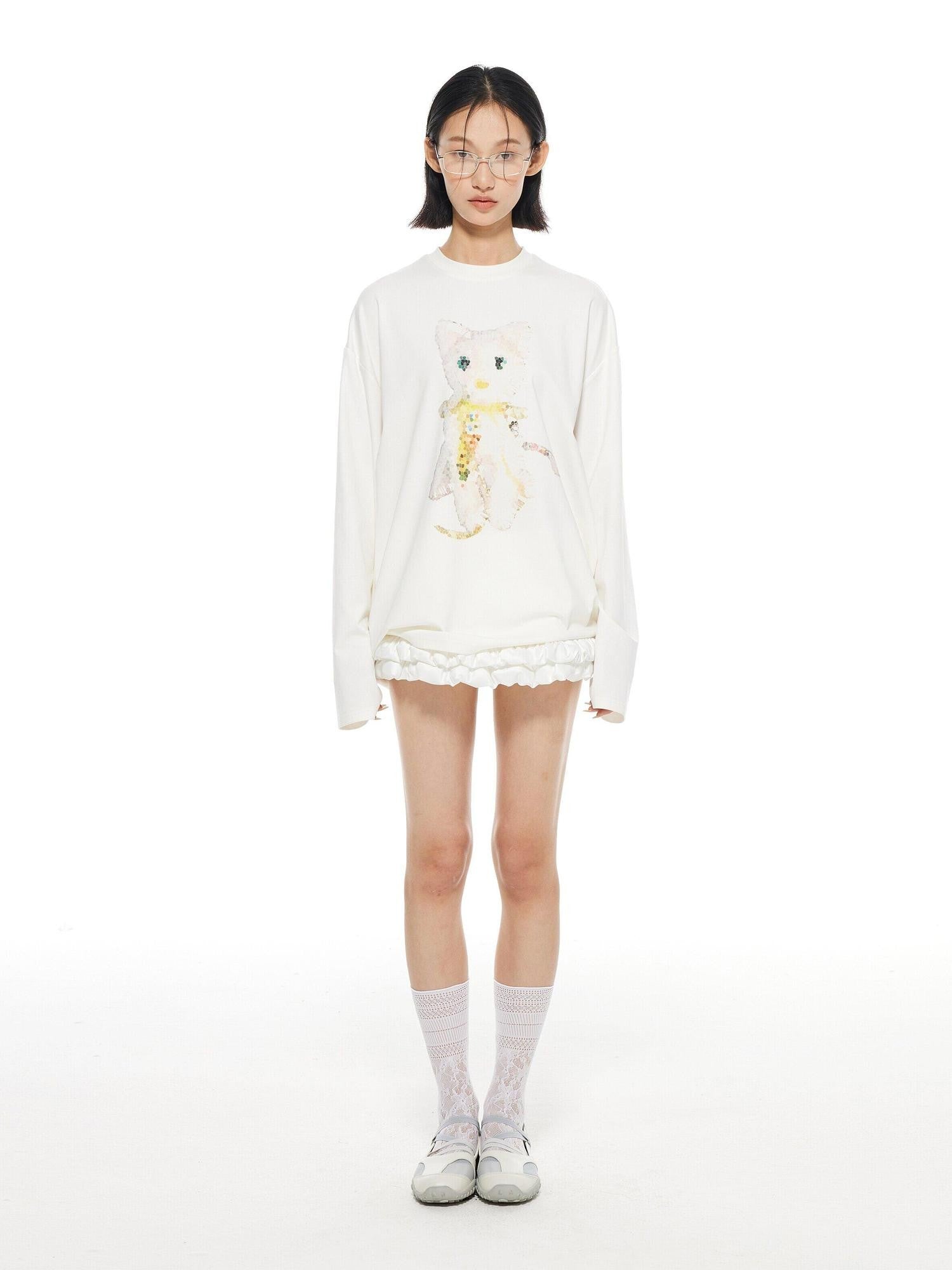 THELIGHT OFFICIAL White Crystal Cat Print Women's Cotton Blend Long Sleeve T-shirts