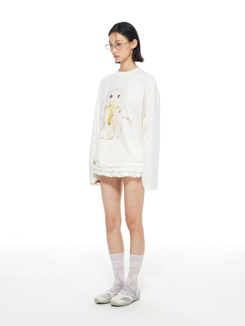 THELIGHT OFFICIAL White Crystal Cat Print Women's Cotton Blend Long Sleeve T-shirts