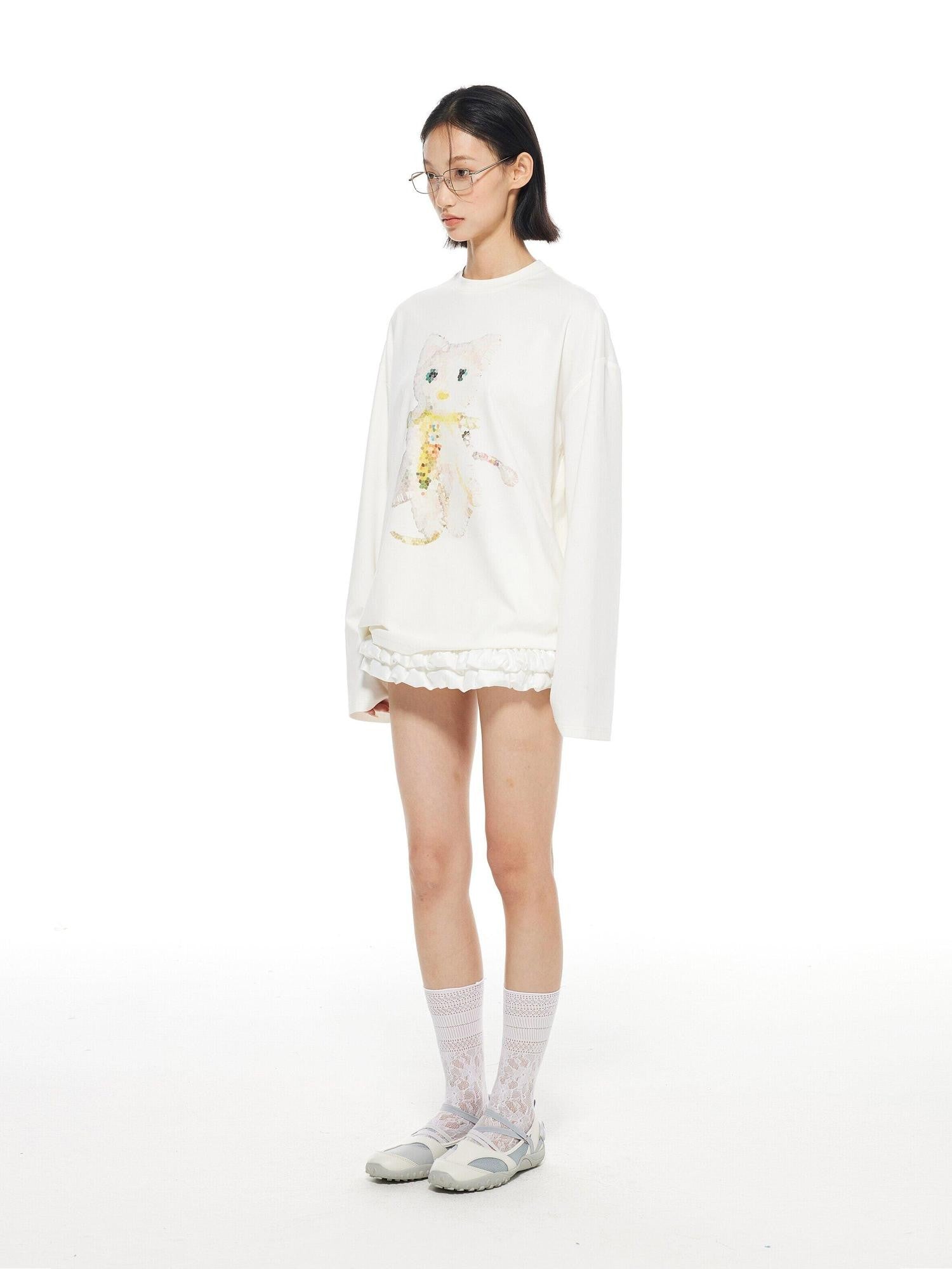 THELIGHT OFFICIAL White Crystal Cat Print Women's Cotton Blend Long Sleeve T-shirts