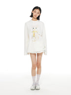 THELIGHT OFFICIAL White Crystal Cat Print Women's Cotton Blend Long Sleeve T-shirts