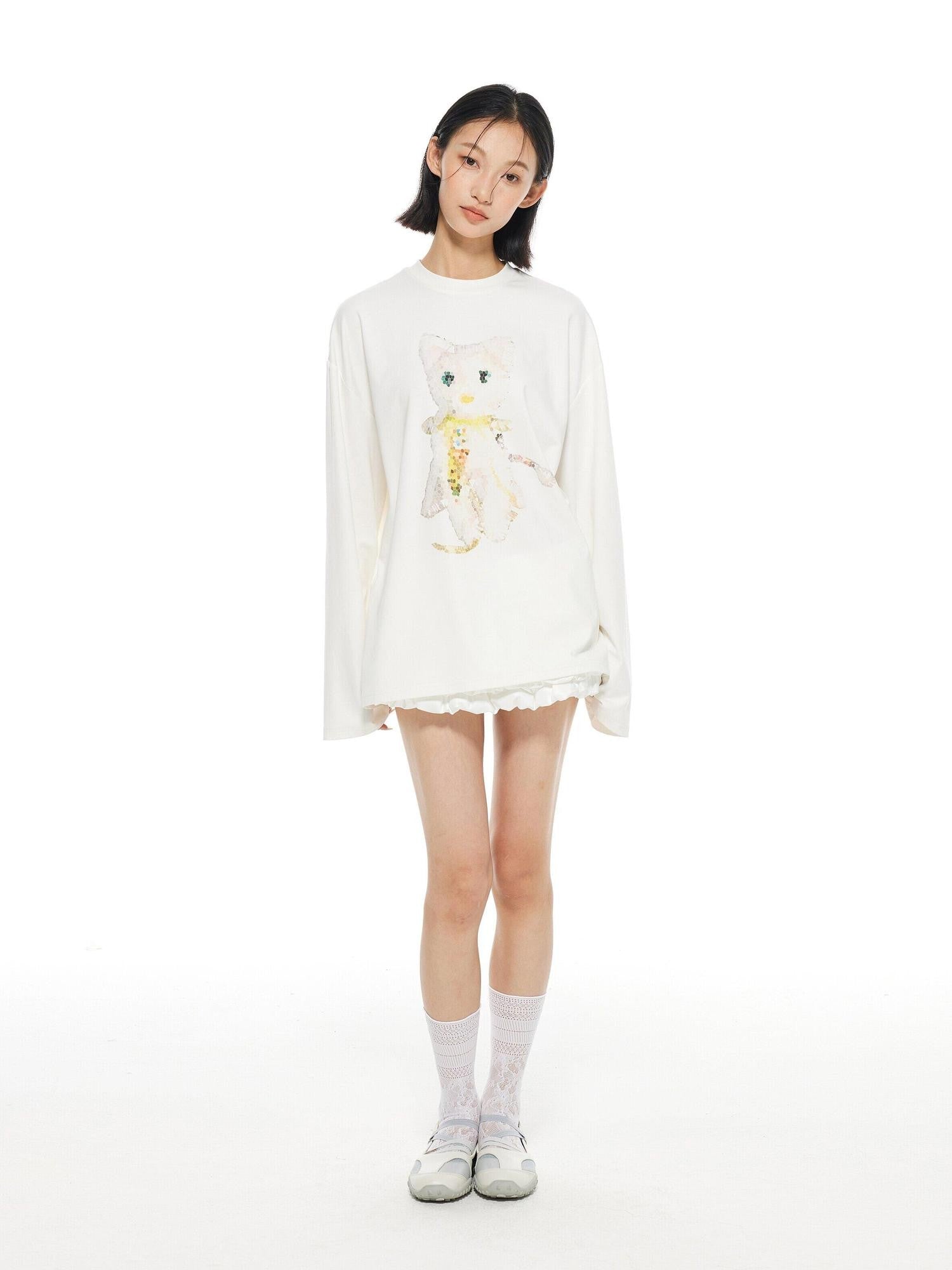 THELIGHT OFFICIAL White Crystal Cat Print Women's Cotton Blend Long Sleeve T-shirts