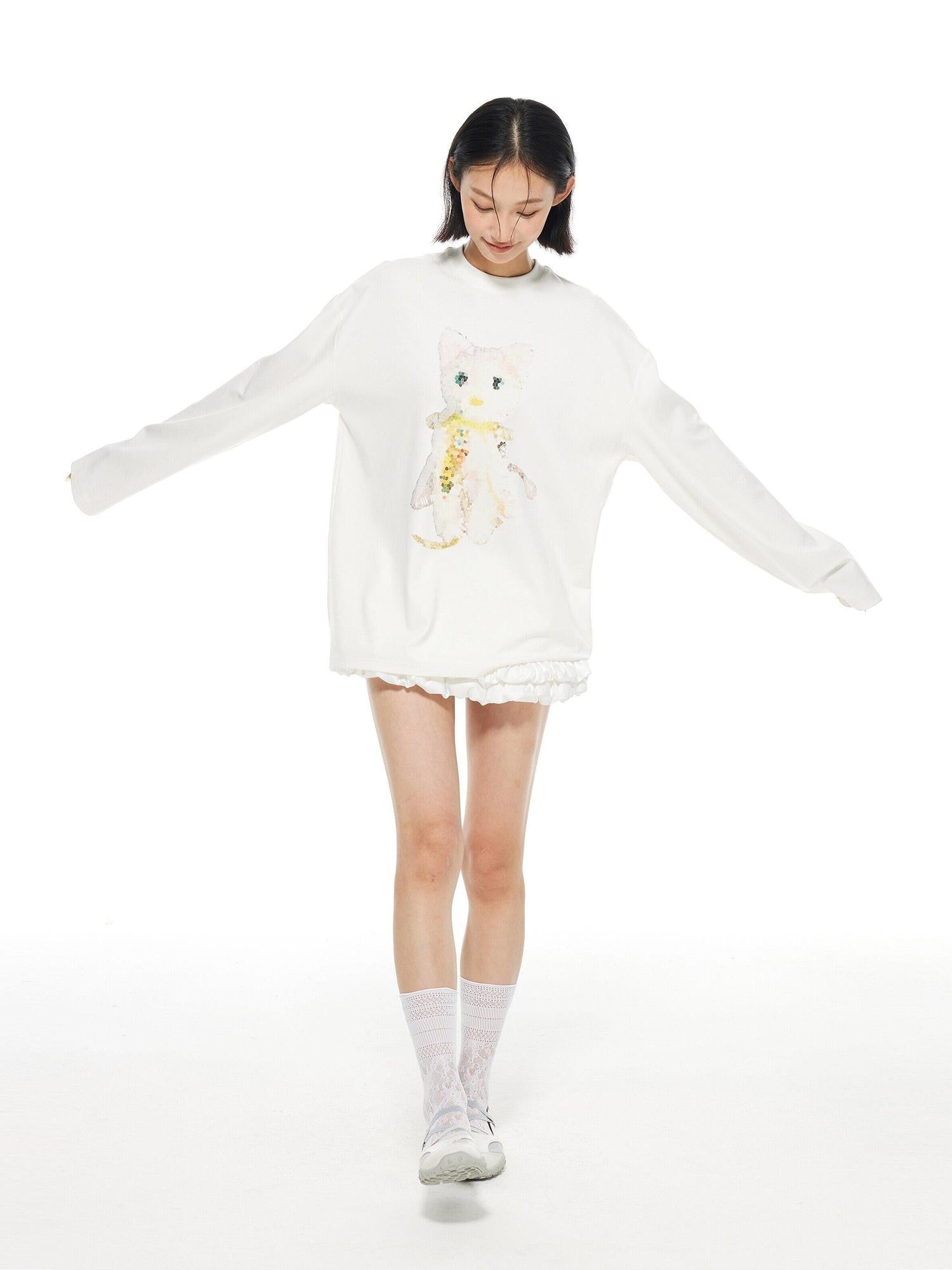 THELIGHT OFFICIAL White Crystal Cat Print Women's Cotton Blend Long Sleeve T-shirts