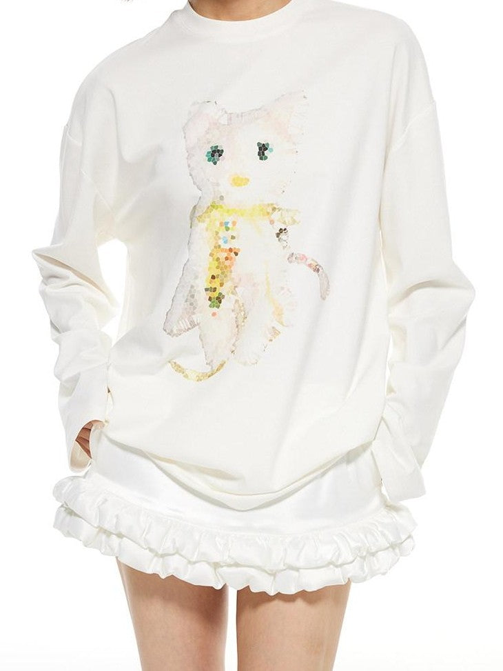 THELIGHT OFFICIAL White Crystal Cat Print Women's Cotton Blend Long Sleeve T-shirts