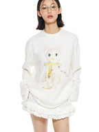 THELIGHT OFFICIAL White Crystal Cat Print Women's Cotton Blend Long Sleeve T-shirts