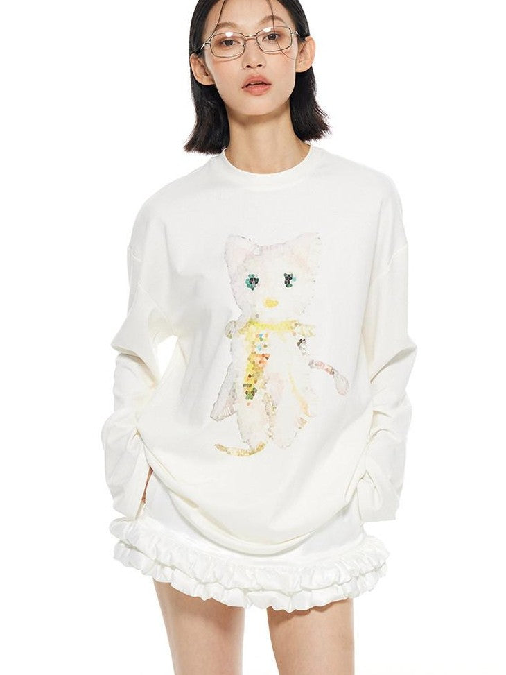 THELIGHT OFFICIAL White Crystal Cat Print Women's Cotton Blend Long Sleeve T-shirts