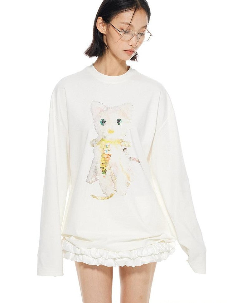THELIGHT OFFICIAL White Crystal Cat Print Women's Cotton Blend Long Sleeve T-shirts