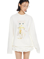 THELIGHT OFFICIAL White Crystal Cat Print Women's Cotton Blend Long Sleeve T-shirts