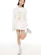 THELIGHT OFFICIAL White Crystal Cat Print Women's Cotton Blend Long Sleeve T-shirts